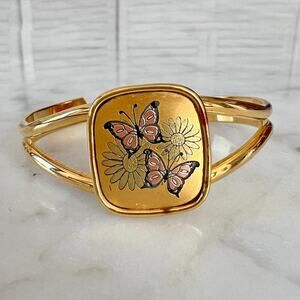 Vintage 70s Boho Butterfly Floral Gold Bracelet Cuff by Reed & Barton Damascene